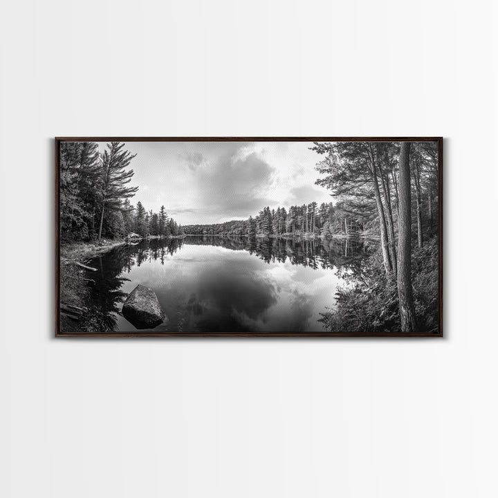 Lake reflection, pine tree art, landscape painting, wabi sabi art, rustic decor, panoramic painting, extra wide art, framed canvas print