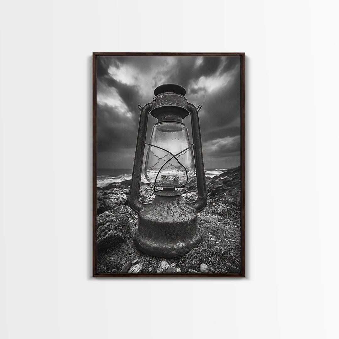 Stormy Lantern by the Sea, nautical decor, moody art, seascape painting, coastal painting, rustic wall art, framed canvas print