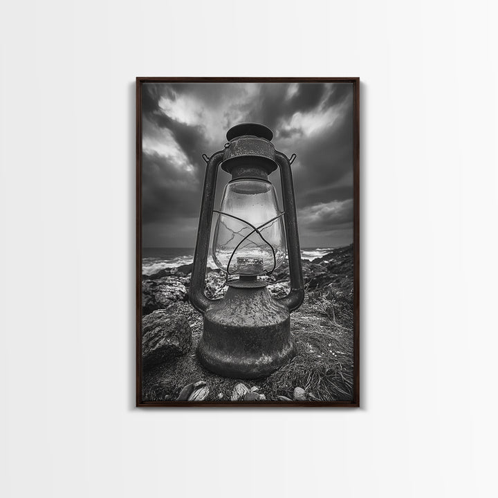 Stormy Lantern by the Sea, nautical decor, moody art, seascape painting, coastal painting, rustic wall art, framed canvas print