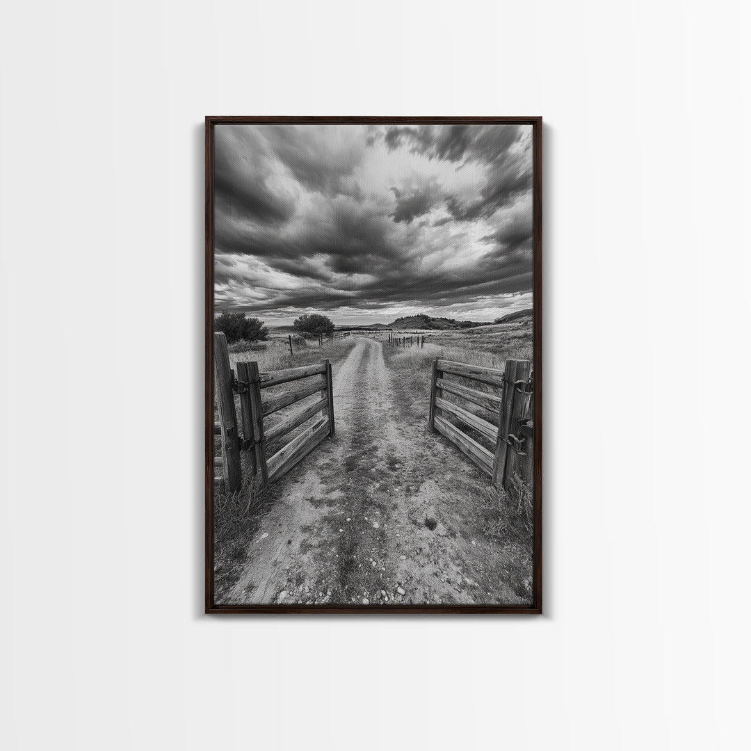 Open Ranch Gate, southwest wall art, moody art, western home decor, rustic art, farmhouse painting, framed canvas print, cowboy aesthetic