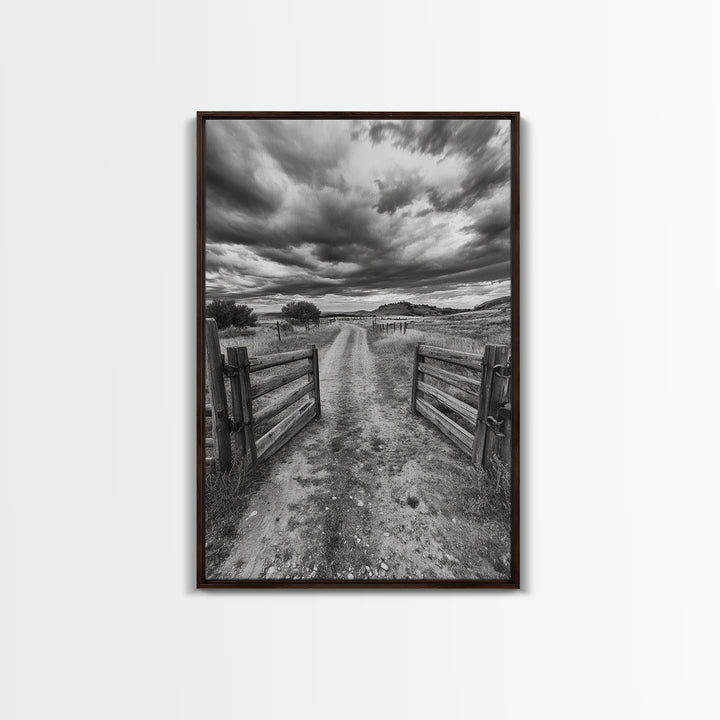 Open Ranch Gate, southwest wall art, moody art, western home decor, rustic art, farmhouse painting, framed canvas print, cowboy aesthetic