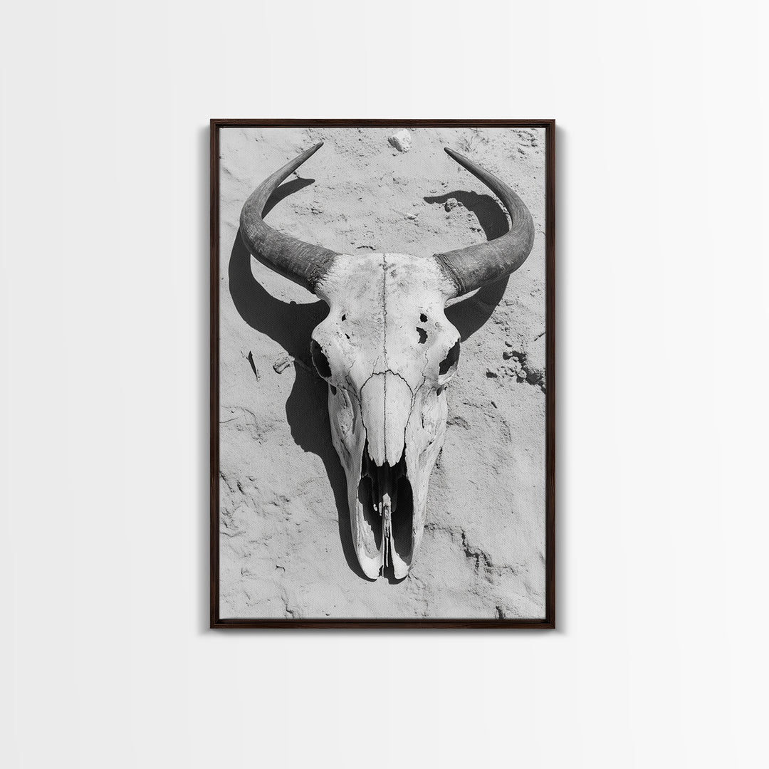 Bull skull, desert aesthetic, cowboy art, rustic decor, black and white photography, boho art, framed canvas print, western wall art
