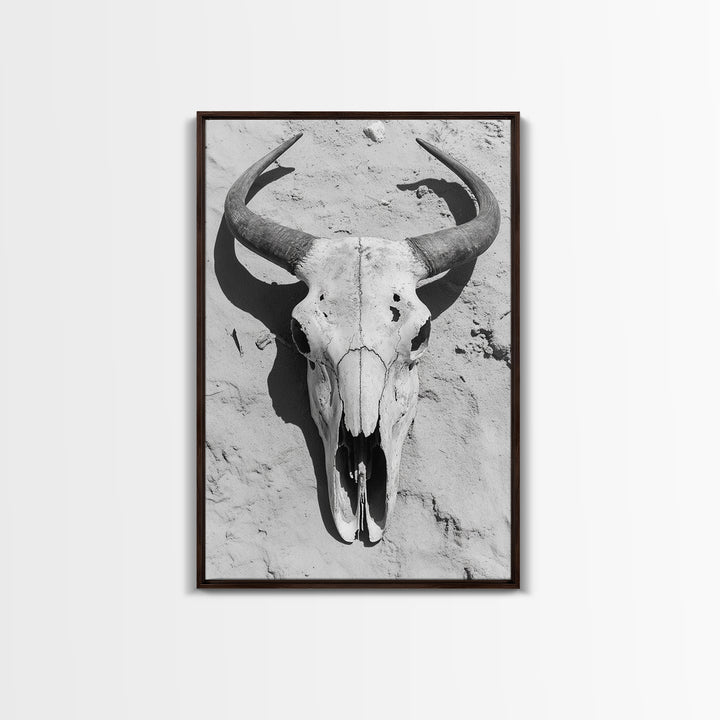 Bull skull, desert aesthetic, cowboy art, rustic decor, black and white photography, boho art, framed canvas print, western wall art