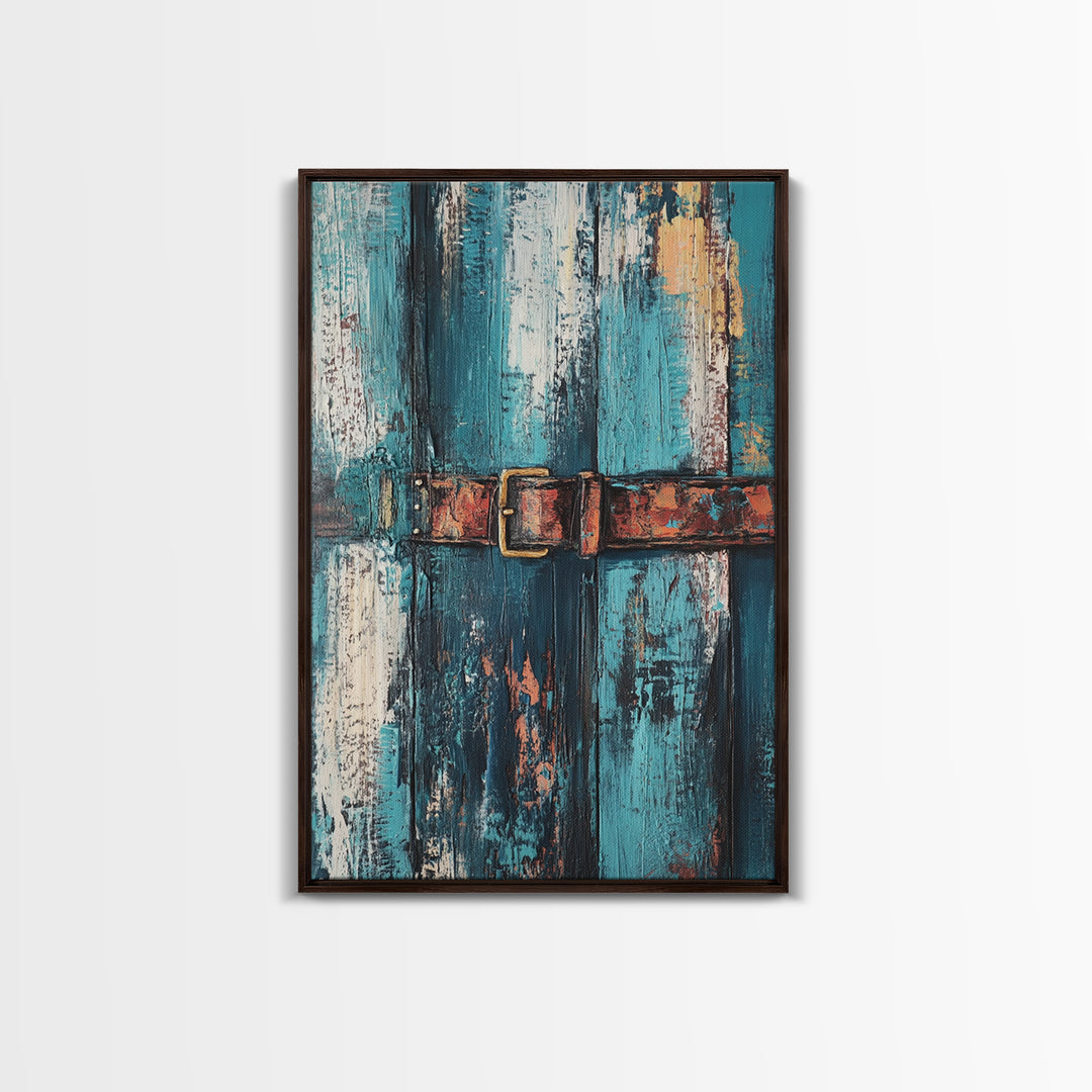 Rustic blue door, worn leather belt, southwest wall art, farmhouse art, textured painting, wabi sabi art, framed canvas print, rustic decor