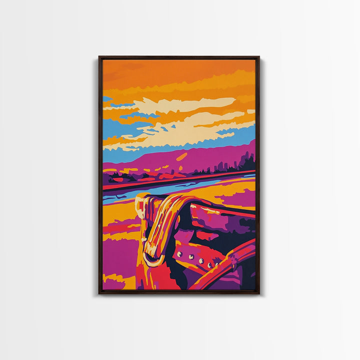 Desert Saddle, southwest wall art, rustic wall art, colorful western art, Joshua tree art, extra wide art, framed canvas print