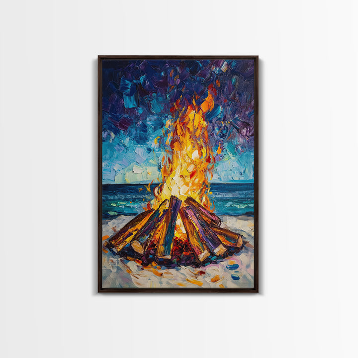 Beach Bonfire, coastal painting, moody art, seascape painting, coastal decor, nautical painting, original painting, framed canvas print