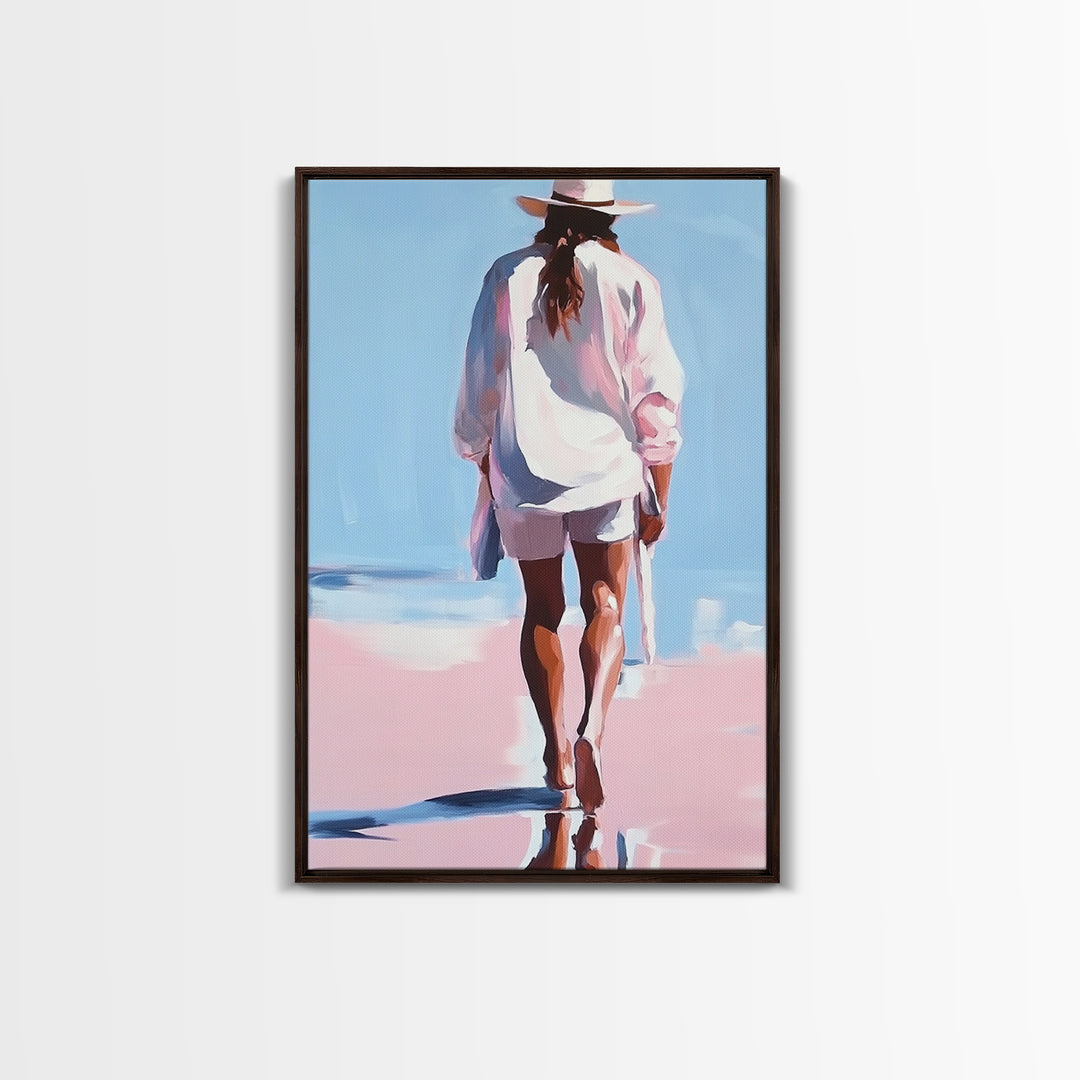 Beach Walk, coastal cowgirl wall art, boho art, pink orange wall art, light pink wall art, coastal decor, framed canvas print