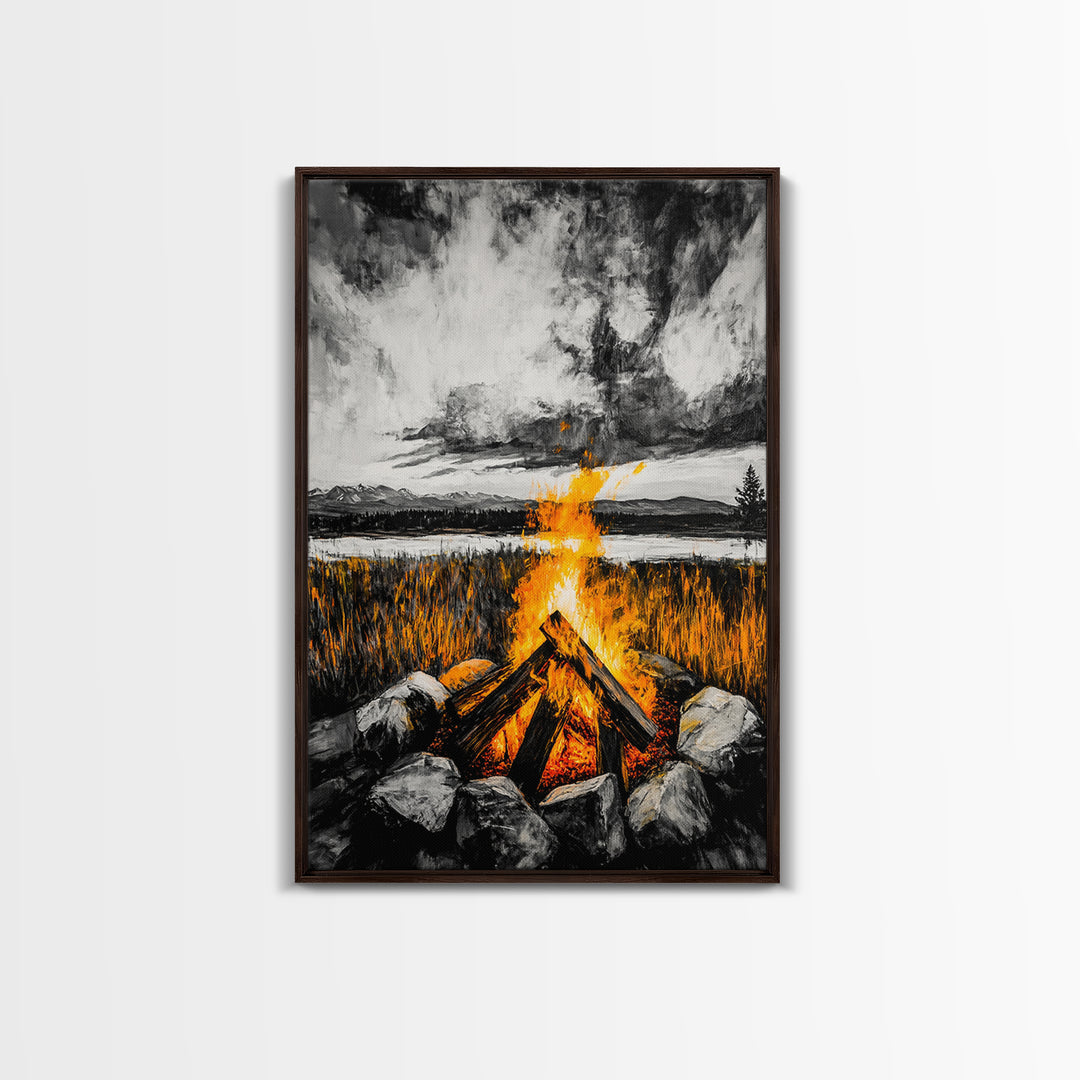 Campfire Painting, Moody Art, Rustic Wall Decor, Fire Pit Artwork, Black White Orange Art, Framed Canvas Print, Cabin Wall Art