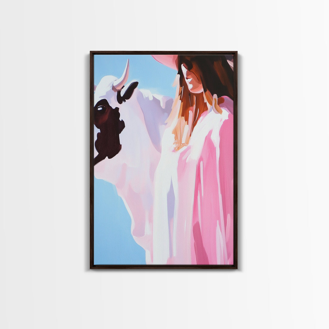 Cowgirl and Cow, black cowgirl painting, coastal cowgirl wall art, western decor, gift idea for her, boho art, light pink wall art, Canvas Print