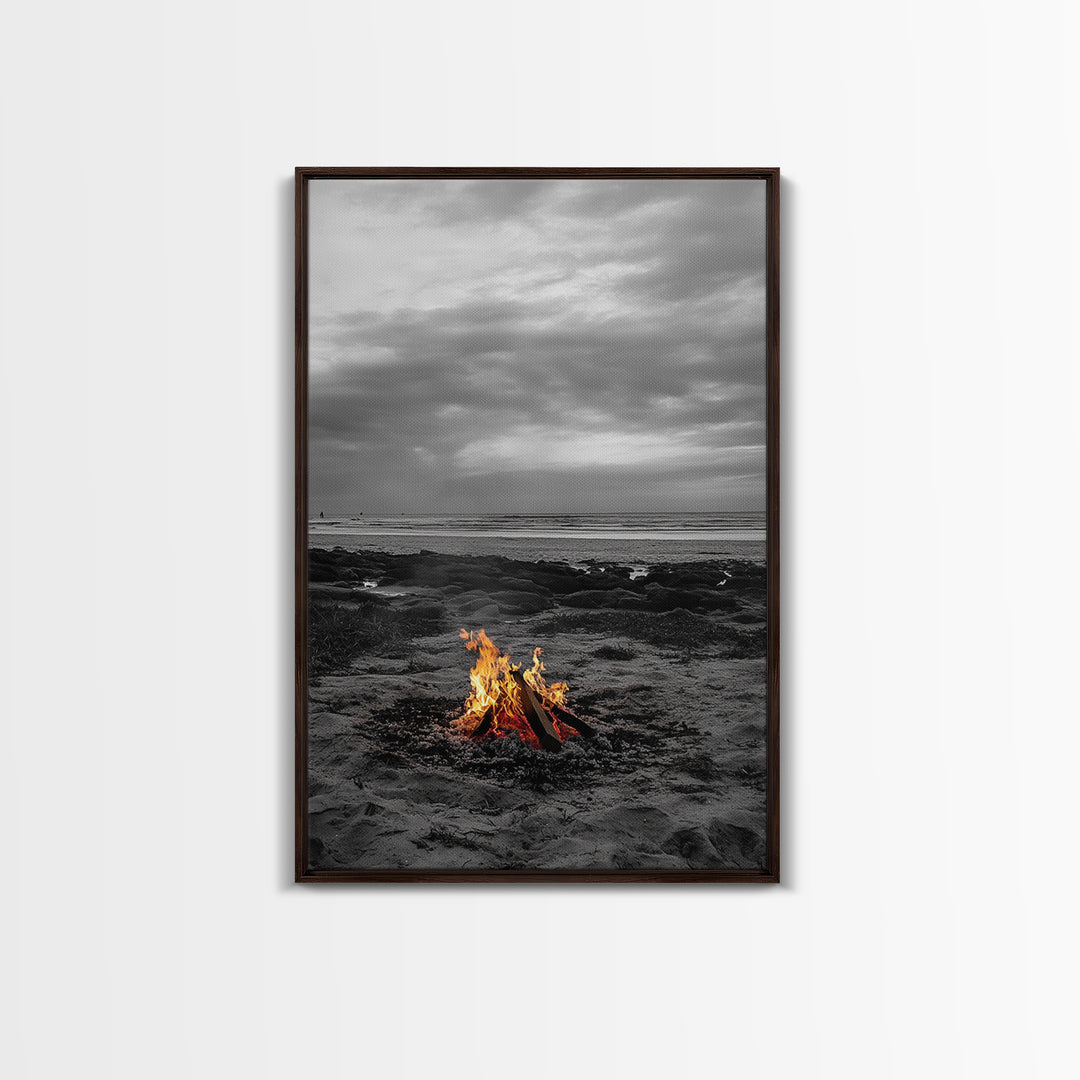 Beach bonfire, coastal art, ocean sunset, framed canvas print, nautical decor, seascape painting, cozy fire, moody beach art, fall vibes