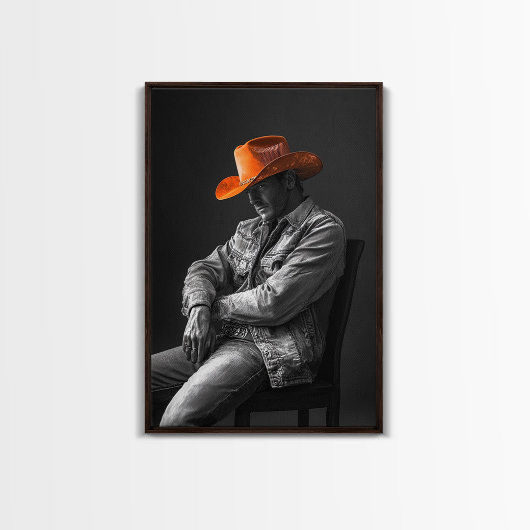 Cowboy portrait, rustic art, western style, framed canvas print, country decor, cowboy hat, moody photography, black and white wall art