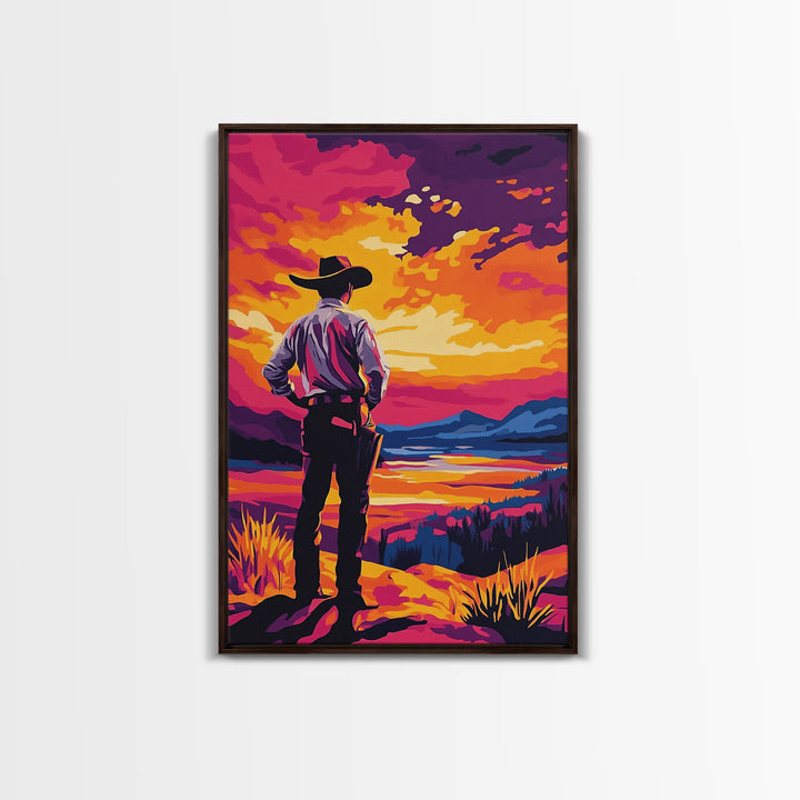 Cowboy at Sunset, pink orange wall art, Joshua tree art, southwest wall art, framed canvas print, landscape painting, moody art