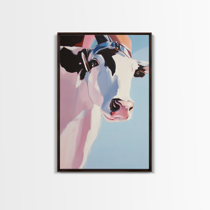 Cow with Hat, farmhouse art, black cowgirl painting, rustic decor, framed canvas print, whimsical art, light pink wall art