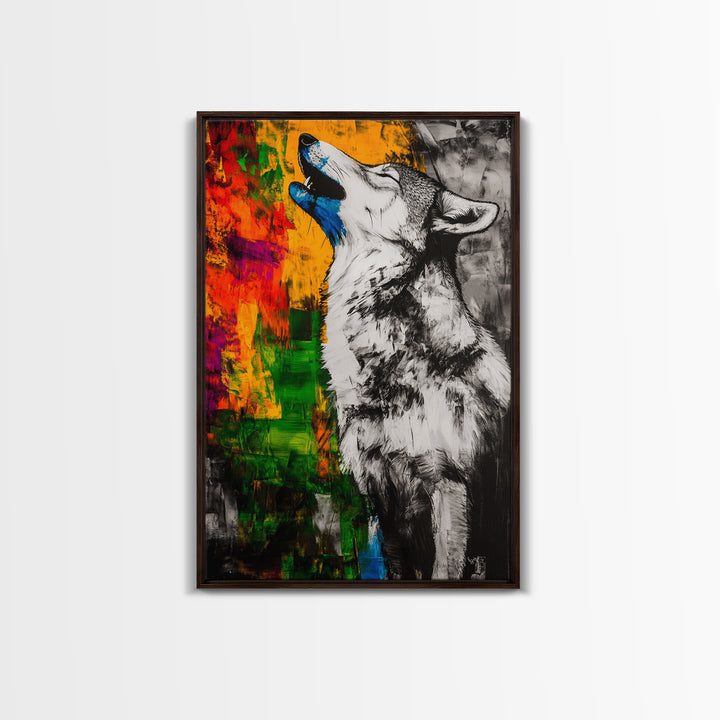 Black and White Wolf, graffiti wall art, rustic decor, moody art, southwest wall art, framed canvas print, dark romance painting