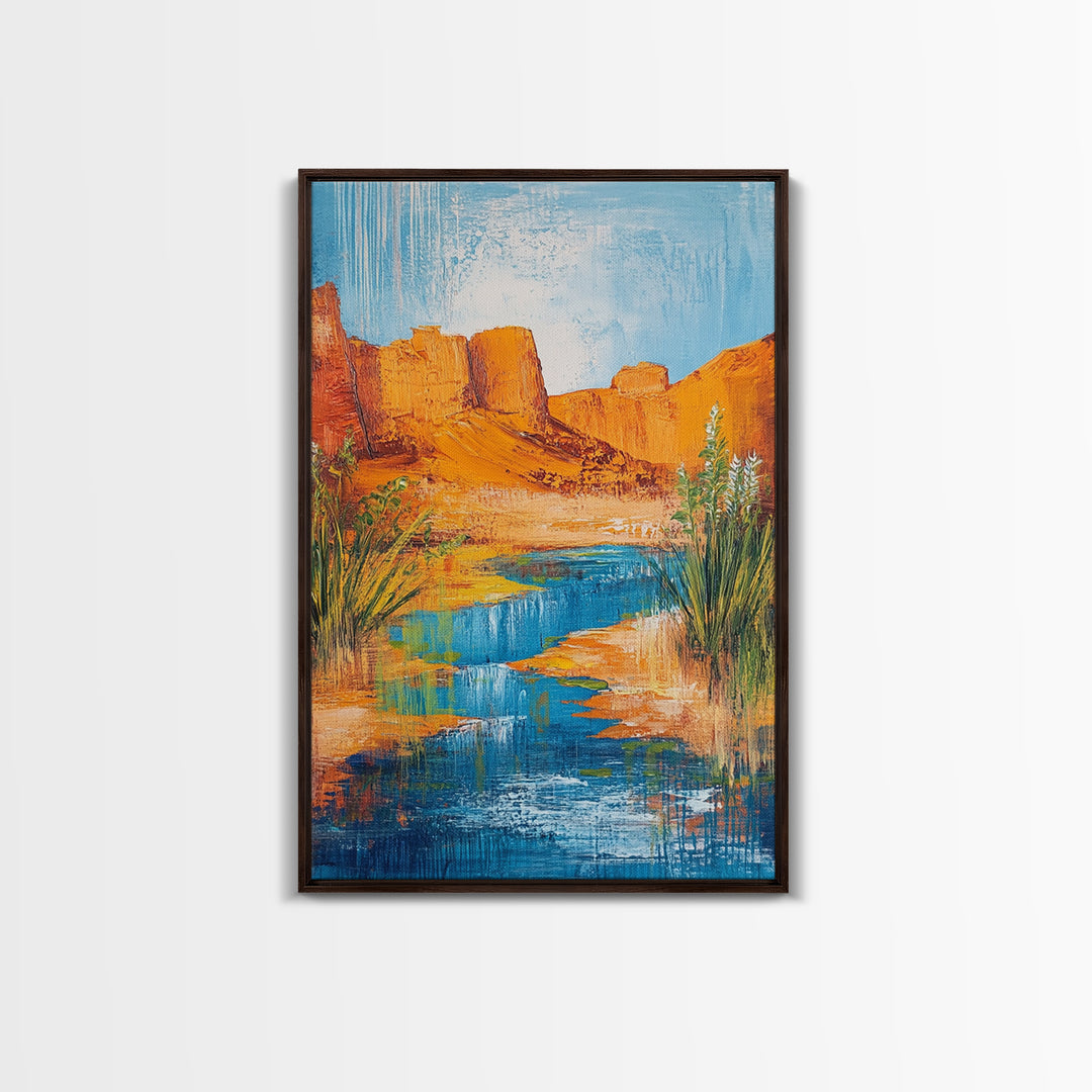 Desert Oasis, vivid landscape, blue water, rustic nature art, warm tones, panoramic painting, framed canvas print, southwest wall art
