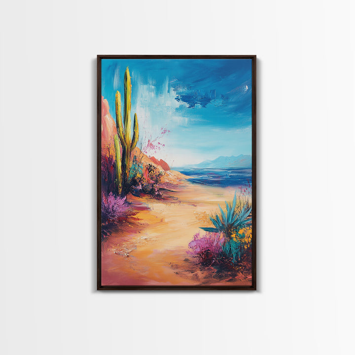 Beach Cactus, coastal landscape, vibrant colors, blue sky, desert meets sea, framed canvas print, coastal cowgirl wall art, boho art