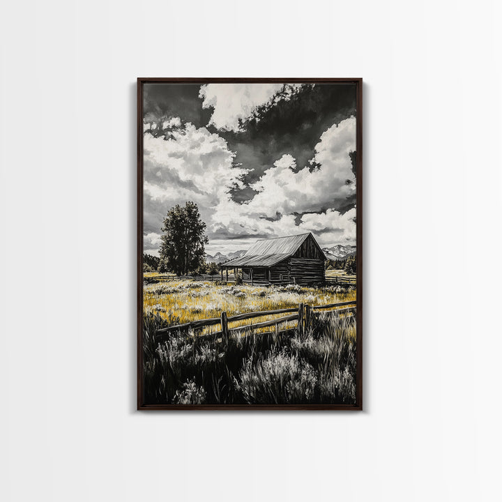 Rustic Barn, Farmhouse Art, Canvas Print, rustic wall art, barn landscape oil painting, smoky mountain art, wabi sabi wall art, vintage Christmas