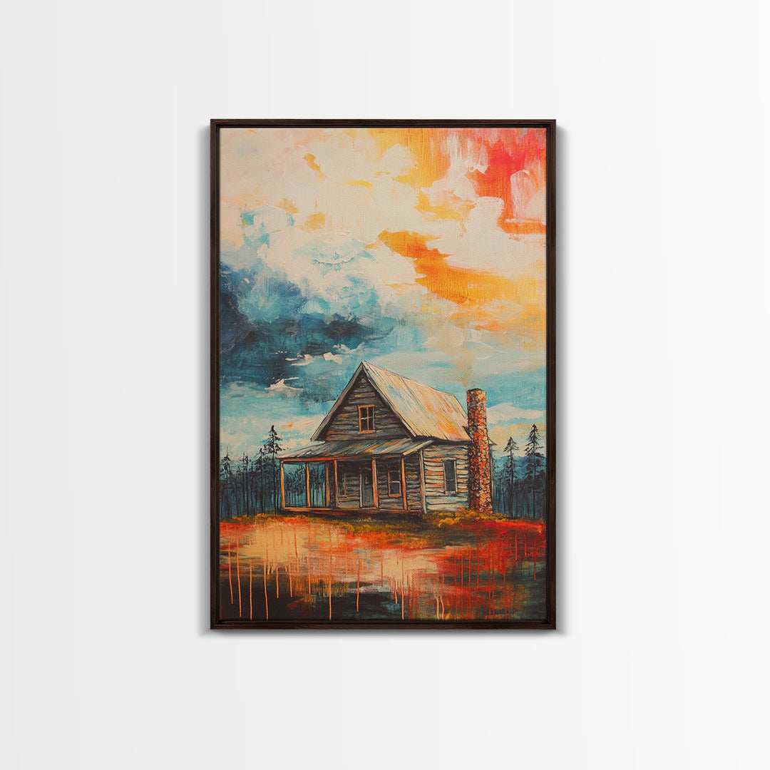 Cabin Painting, Autumn Landscape, Framed Canvas Print, rustic decor, mountain painting, landscape painting, smoky mountain art, extra wide art