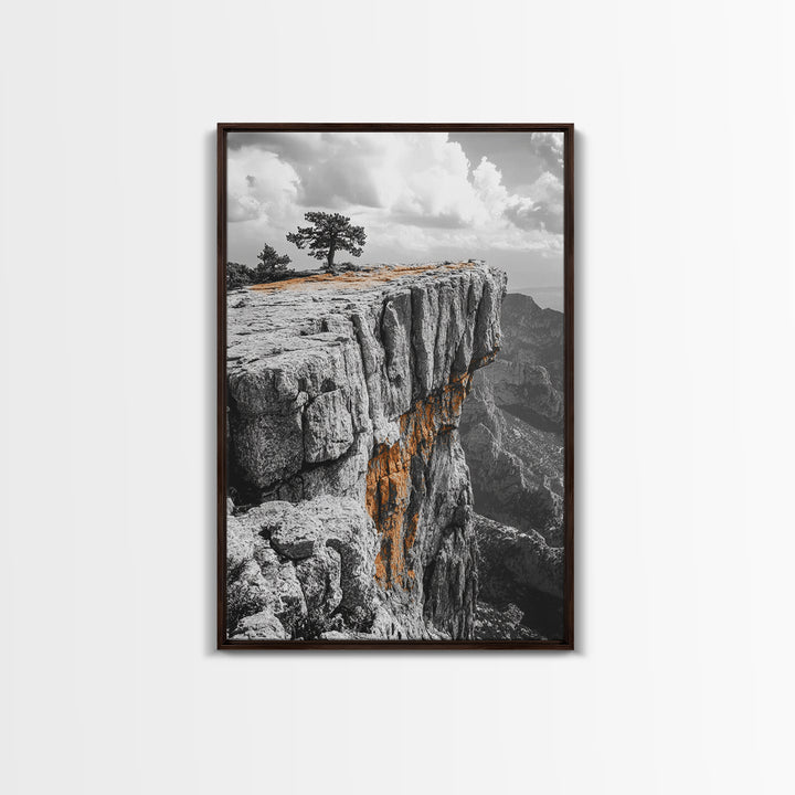 Cliffside View, Mountain Painting, Pine Tree Art, Nature Wall Art, Landscape Painting, Rustic Art, Framed Canvas Print, Moody Art