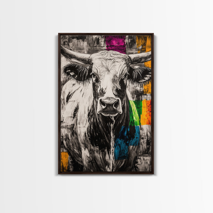 Black and White Cow, rustic art, farmhouse art, bull and bear art, southwest wall art, abstract animal painting, Framed Canvas Print