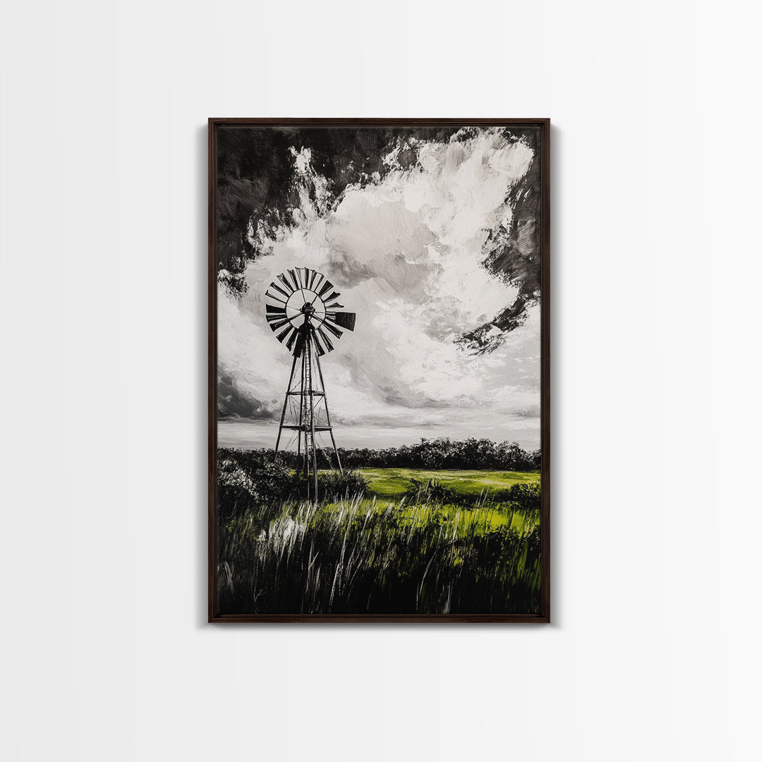 Black and White Windmill, windmill wall art, rustic decor, farmhouse art, landscape painting, framed canvas print, above bed wall art
