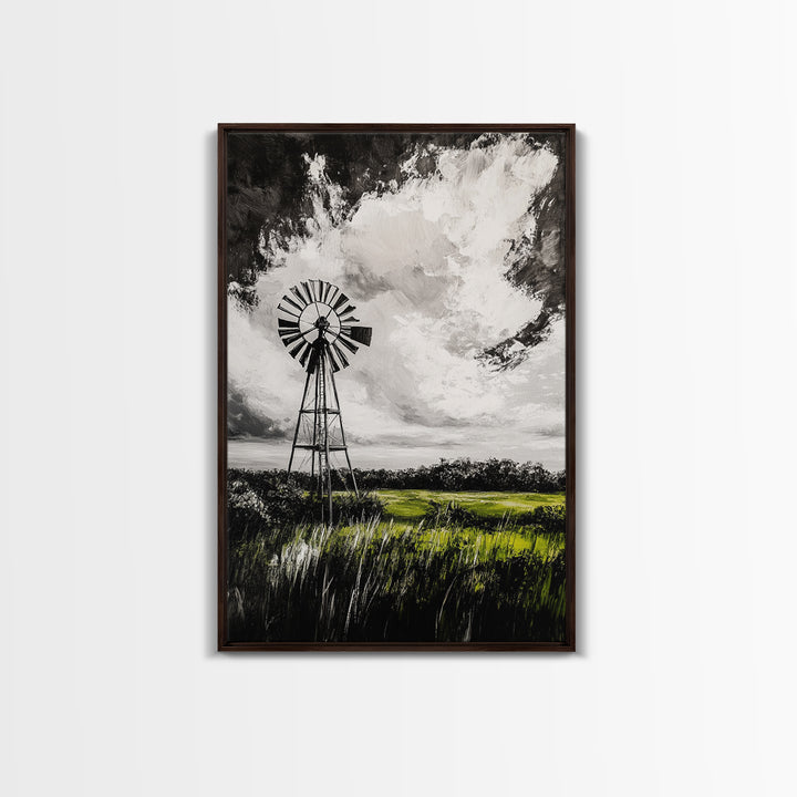 Black and White Windmill, windmill wall art, rustic decor, farmhouse art, landscape painting, framed canvas print, above bed wall art