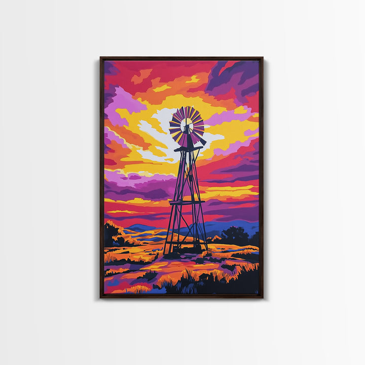 Vibrant Windmill Sunset, pink orange wall art, windmill wall art, rustic art, farmhouse art, canvas print, above couch art, gift idea for her