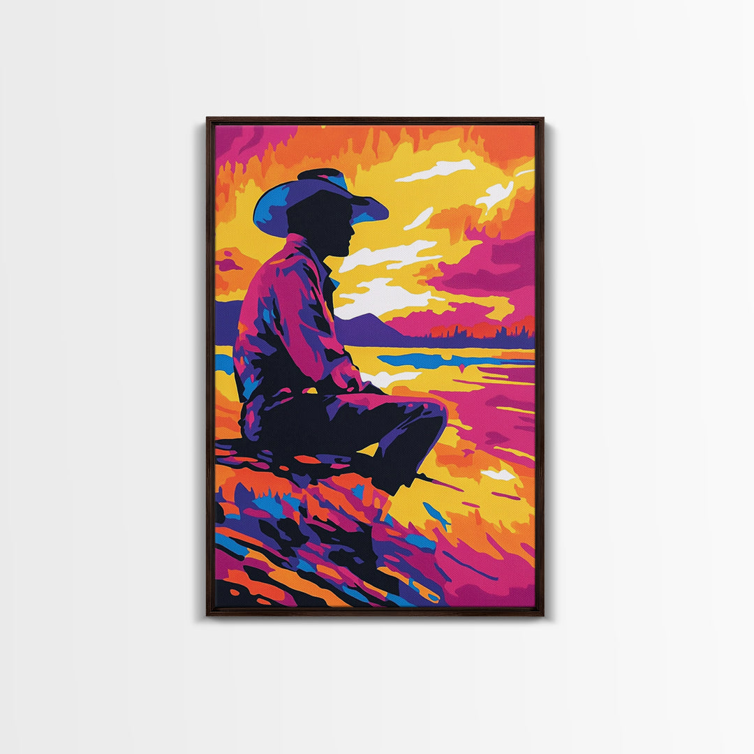 Cowboy Silhouette Sunset, southwest wall art, rustic decor, boho art, western art, pink orange wall art, canvas print, gift idea for him