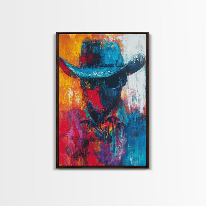 Abstract Cowboy Portrait, southwest wall art, rustic art, boho art, western art, lofi art, framed canvas print, gift idea for him