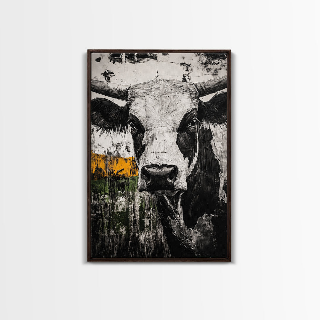 Black and White Bull, bull and bear art, rustic wall art, farmhouse art, moody art, framed canvas print, above couch art, gift idea for him