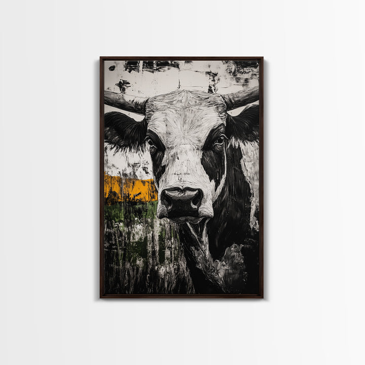 Black and White Bull, bull and bear art, rustic wall art, farmhouse art, moody art, framed canvas print, above couch art, gift idea for him