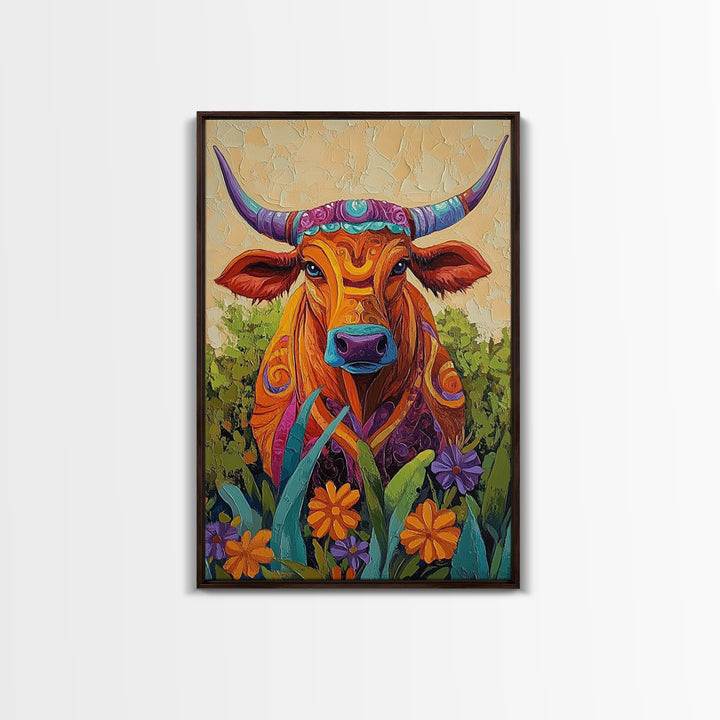 Colorful Bull Art, boho art, wabi sabi art, whimsical art, wildflower painting, framed canvas print, gift idea, rustic wall art