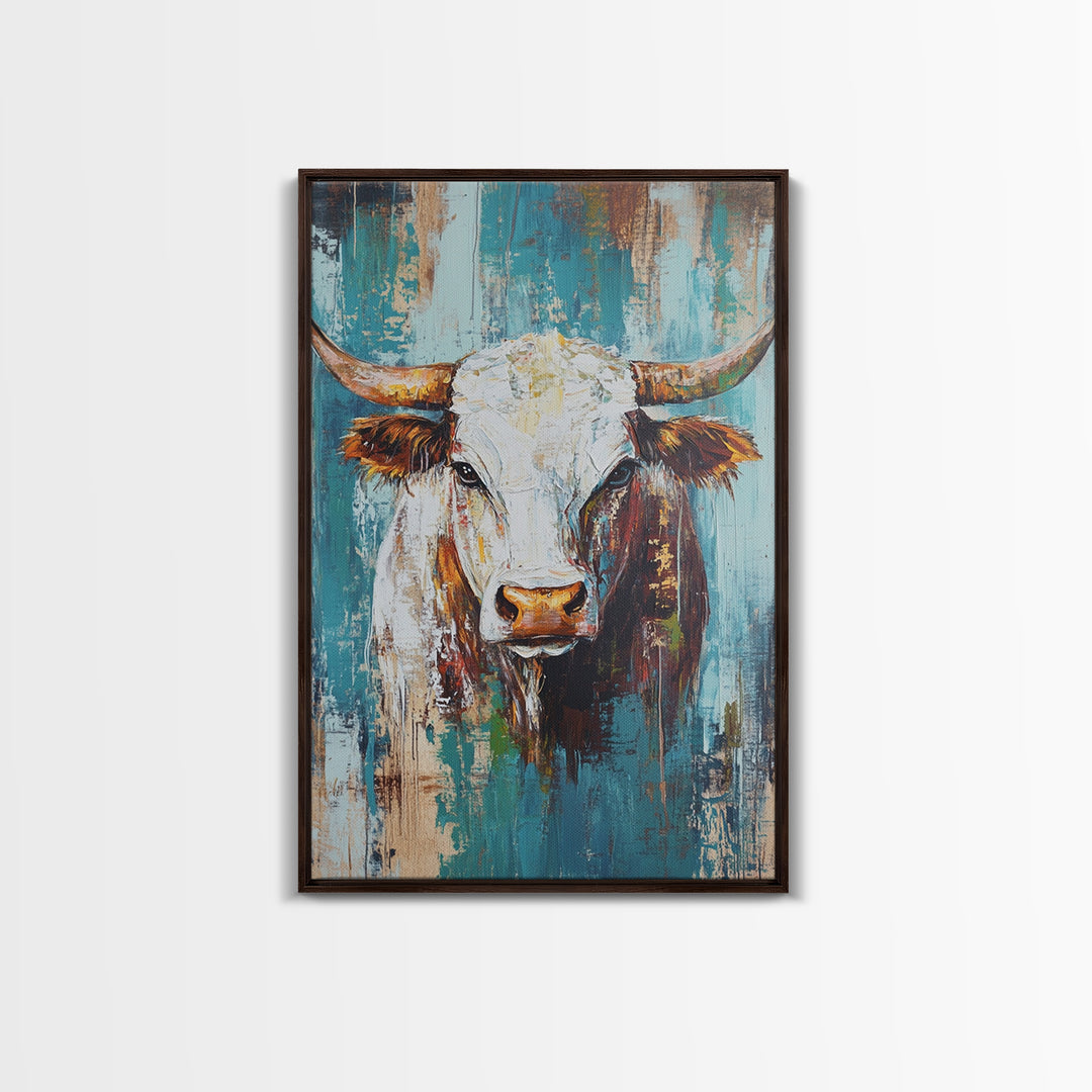 Rustic Cow Portrait, farmhouse art, rustic wall art, blue and green wall art, textured oil painting, canvas print, gift idea, wabi sabi art