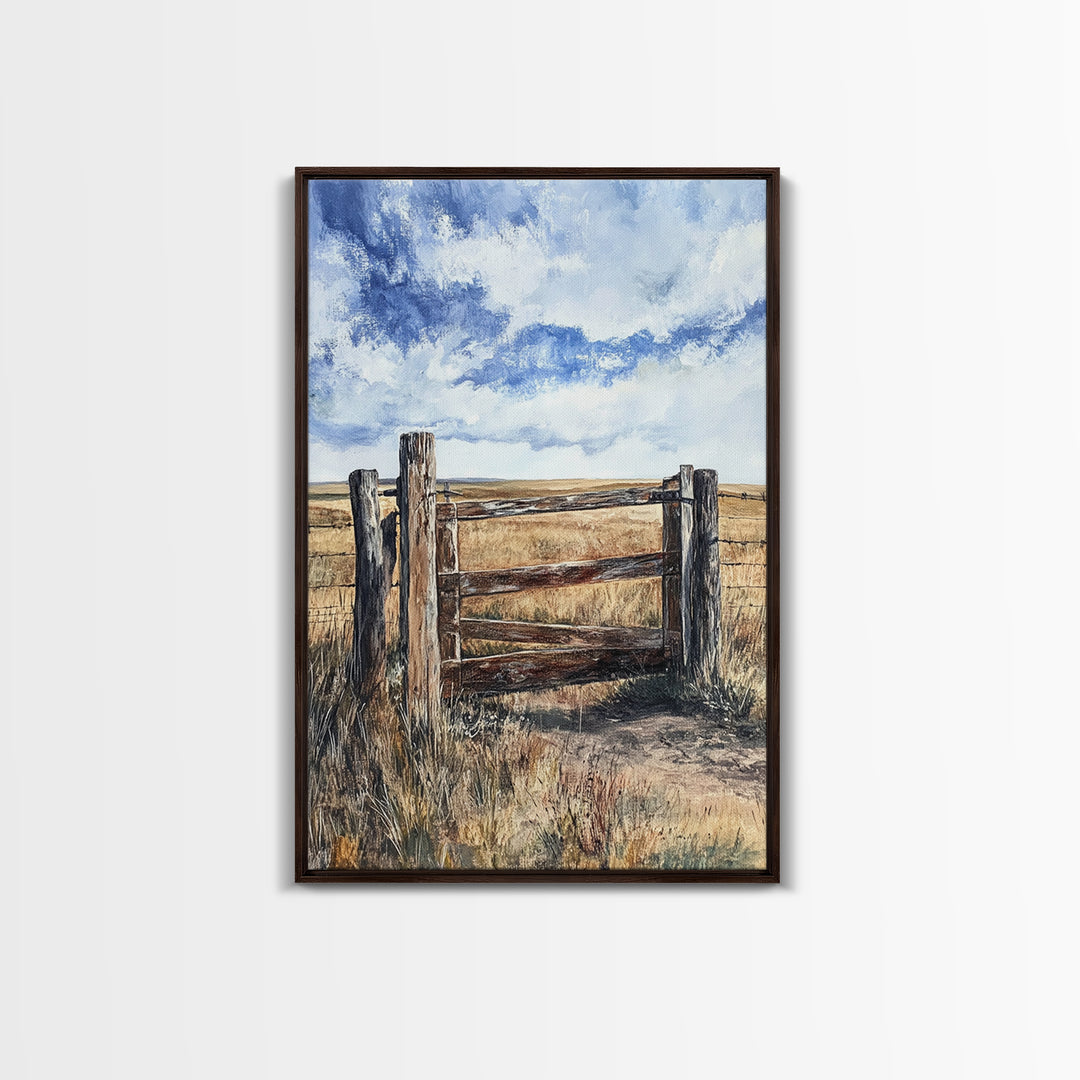 Rustic Fence Art, Prairie Landscape, Farmhouse Decor, Wabi Sabi Art, Western Wall Art, Nature Painting, Framed Canvas Print