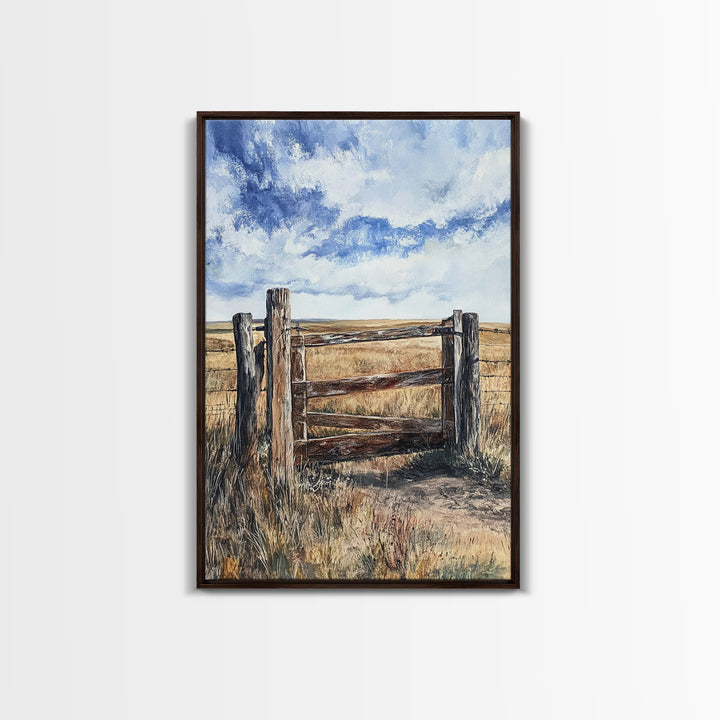Rustic Fence Art, Prairie Landscape, Farmhouse Decor, Wabi Sabi Art, Western Wall Art, Nature Painting, Framed Canvas Print