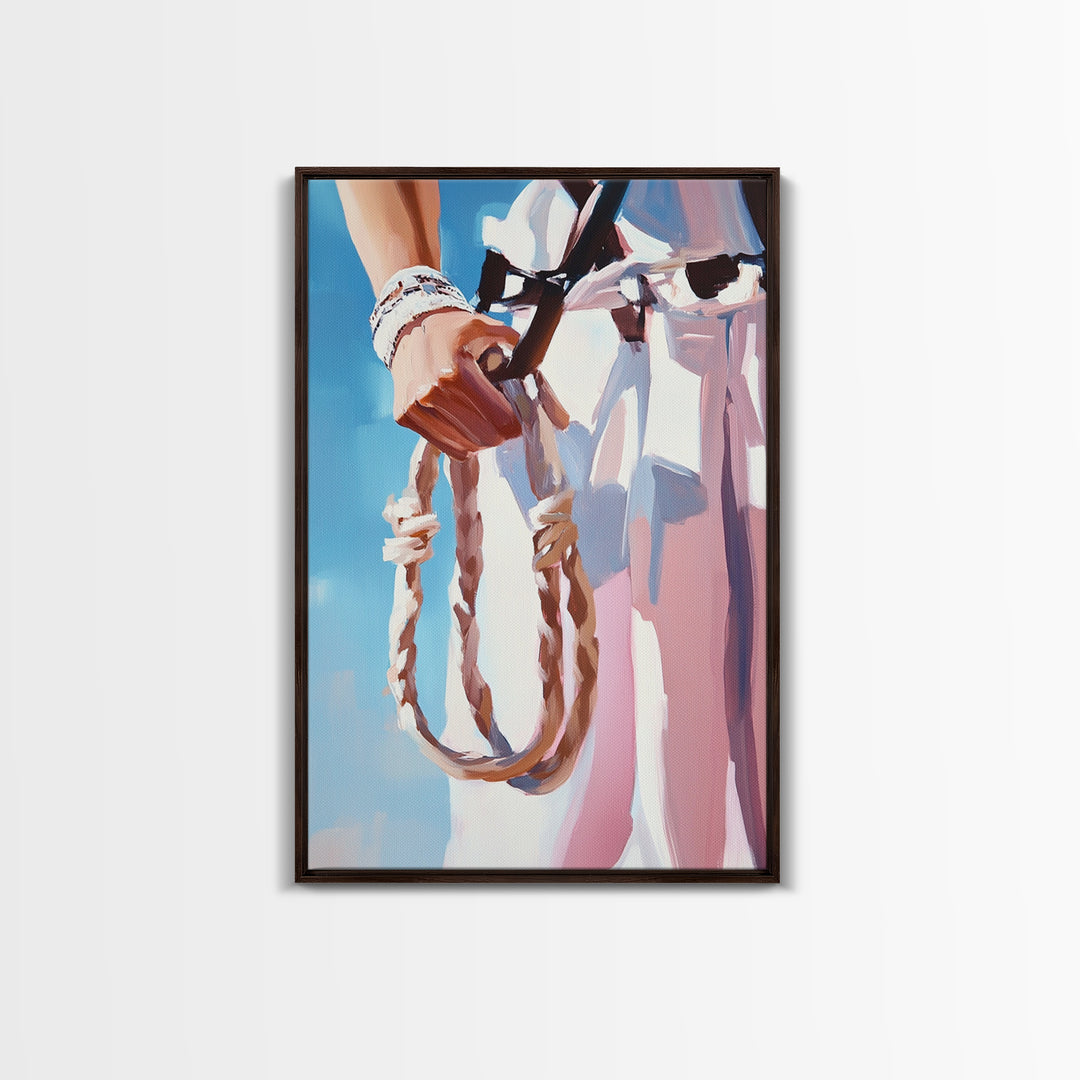 Cowgirl Holding Rope, Black Cowgirl Painting, Framed Canvas Print, Rustic Decor, Western Art, Feminine Art, Light Pink Wall Art