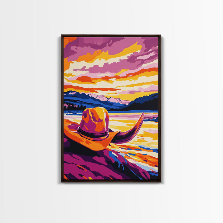 Cowgirl hat landscape, cowboy decor, rustic wall art, boho art, pink orange wall art, framed canvas print, western wall art, above bed art