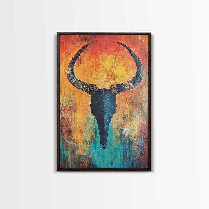 Bull skull painting, rustic wall art, western wall art, teal wall art, boho art, framed canvas print, farmhouse art, gift idea him