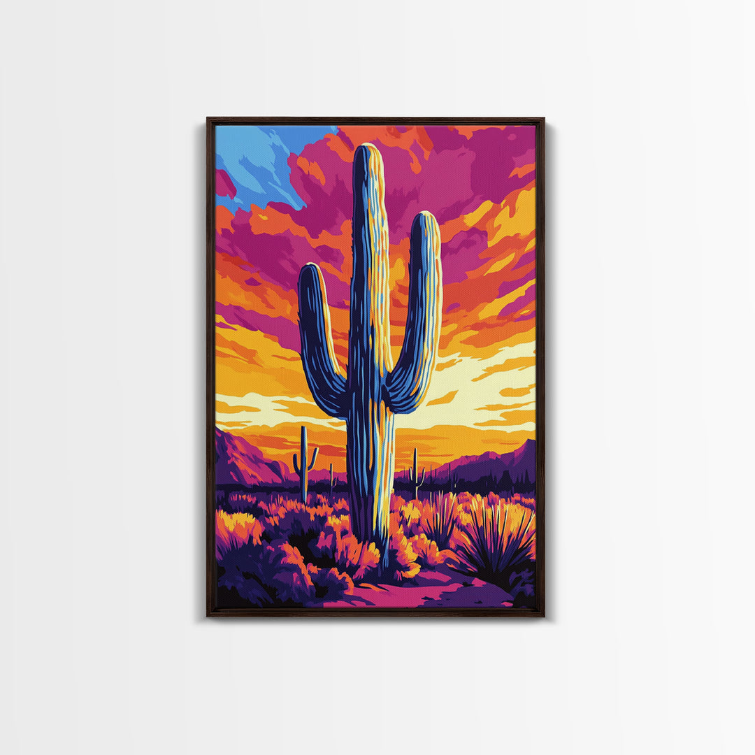 Saguaro Cactus, Desert Sunset, Vibrant Landscape, Southwest Wall Art, Canvas Print, Extra Wide Art, Rustic Decor, Joshua Tree Art