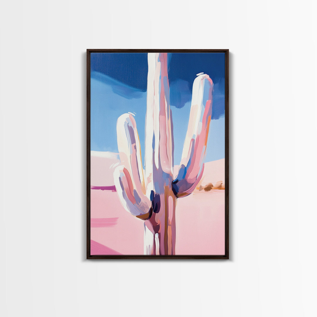 Abstract Cactus, Pastel Desert, Minimalist Landscape, Southwest Wall Art, Canvas Print, Vertical Wall Art, Boho Art, Light Pink Wall Art