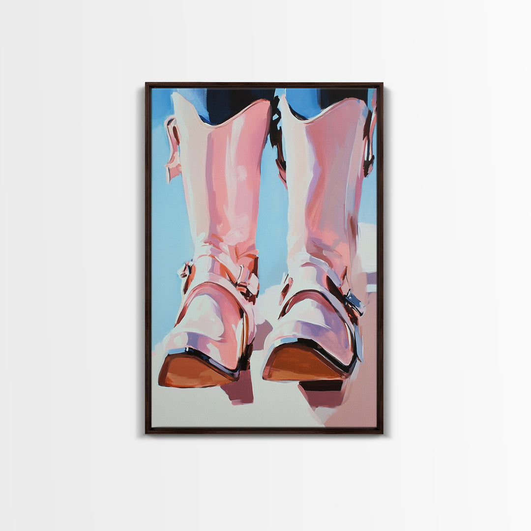 Cowboy Boots Painting, Coastal Cowgirl Wall Art, Western Decor, Farmhouse Art, Framed Canvas Print, Rustic Aesthetic, Bedroom Art, Gift Idea