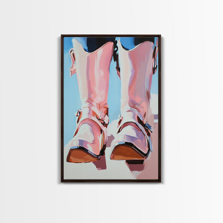 Cowboy Boots Painting, Coastal Cowgirl Wall Art, Western Decor, Farmhouse Art, Framed Canvas Print, Rustic Aesthetic, Bedroom Art, Gift Idea