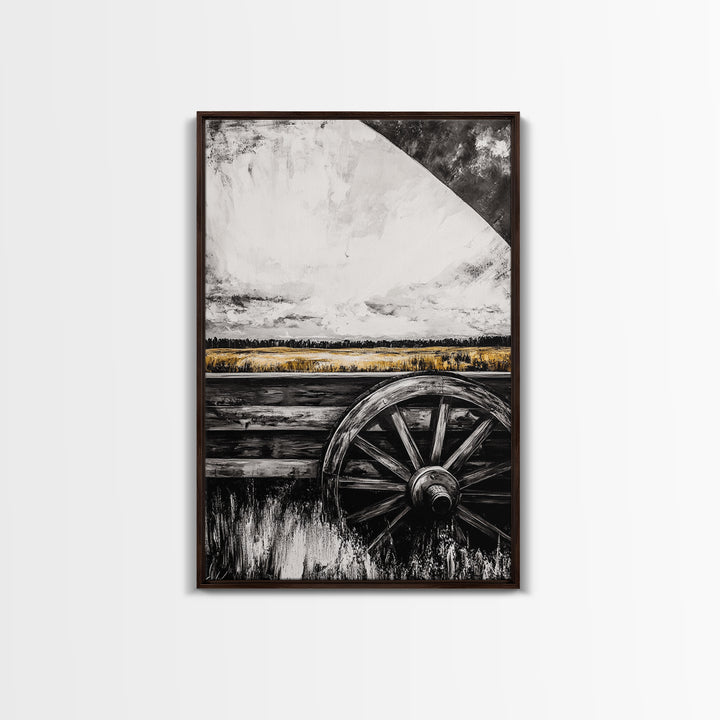 Rustic Wagon Wheel, Moody Art, Farmhouse Wall Art, Framed Canvas Print, Southwest Decor, Western Aesthetic, Above Sofa Art, Gift Idea