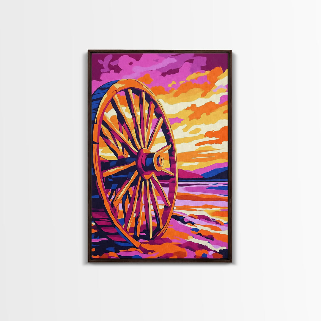 Sunset Wagon Wheel, Bold Color Painting, Southwest Wall Art, Framed Canvas Print, Rustic Decor, Western Aesthetic, Extra Wide Art, Gift Idea