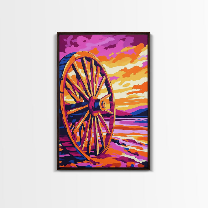 Sunset Wagon Wheel, Bold Color Painting, Southwest Wall Art, Framed Canvas Print, Rustic Decor, Western Aesthetic, Extra Wide Art, Gift Idea