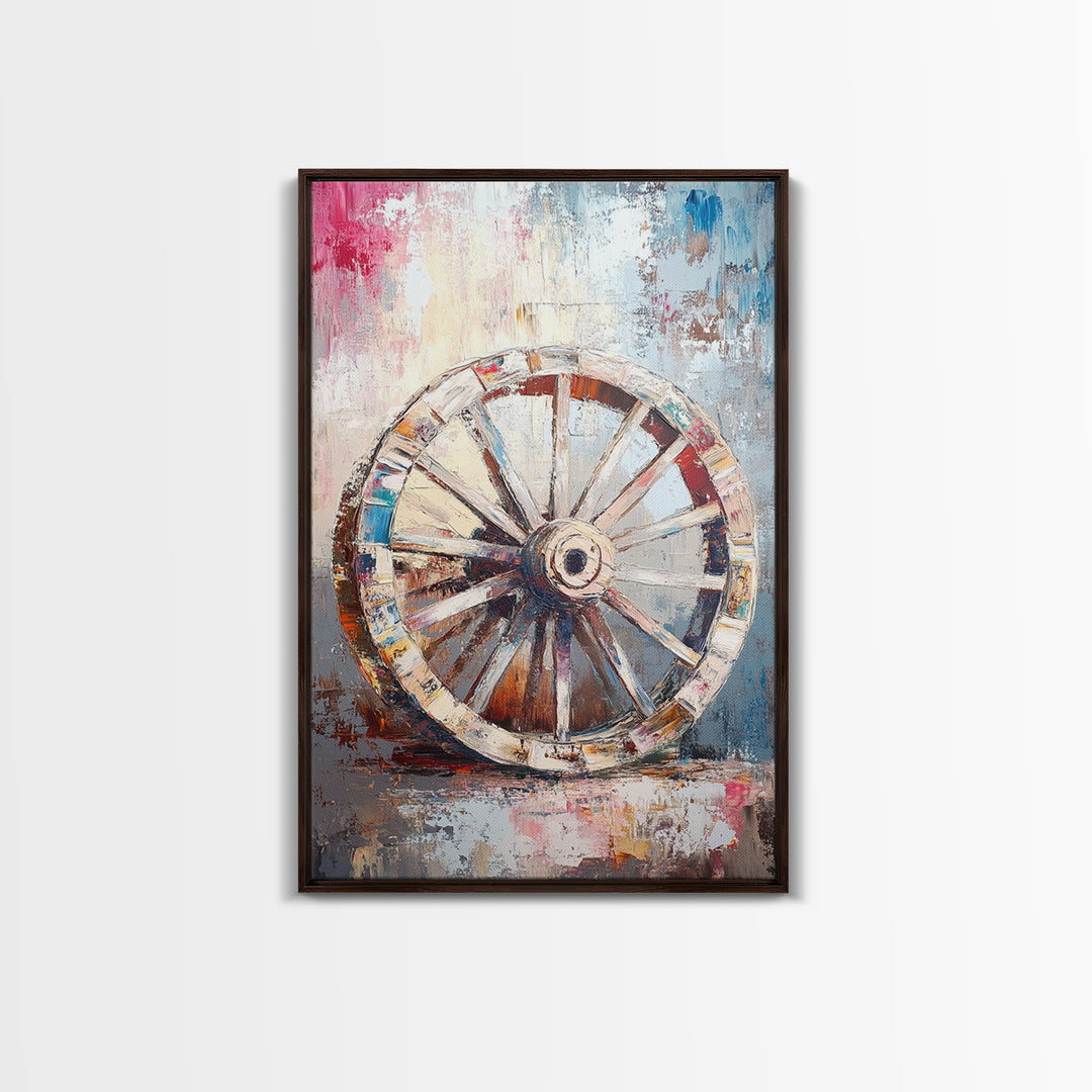 Abstract Rustic Wheel, Mosaic Wall Art, Teal Wall Art, Framed Canvas Print, Southwest Aesthetic, Moody Art, Farmhouse Decor, Gift Idea