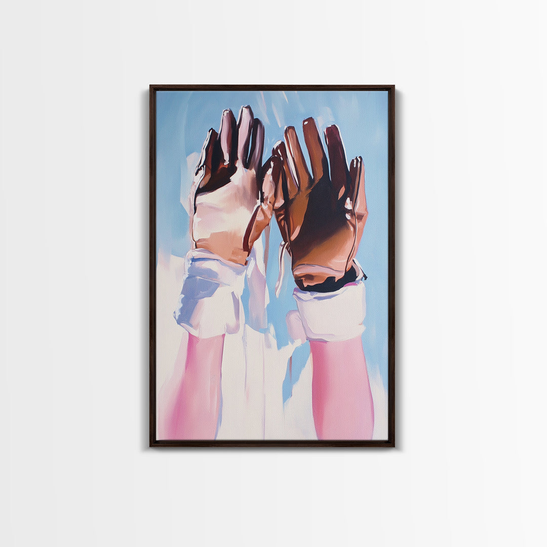 Leather Gloves Up, rustic wall art, cowboy art, boho art, wabi sabi art, warm neutral painting, above sofa art, Framed Canvas Print