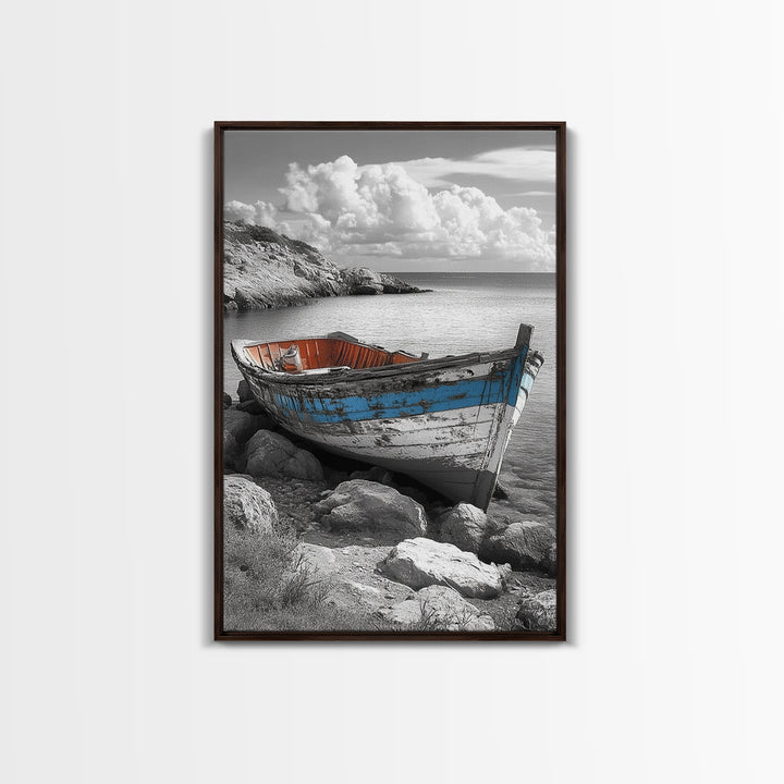 Rustic Boat Painting, Coastal Decor, Nautical Wall Art, Seascape Painting, Beach House Art, Gift Idea, Canvas Print, Wabi Sabi Art
