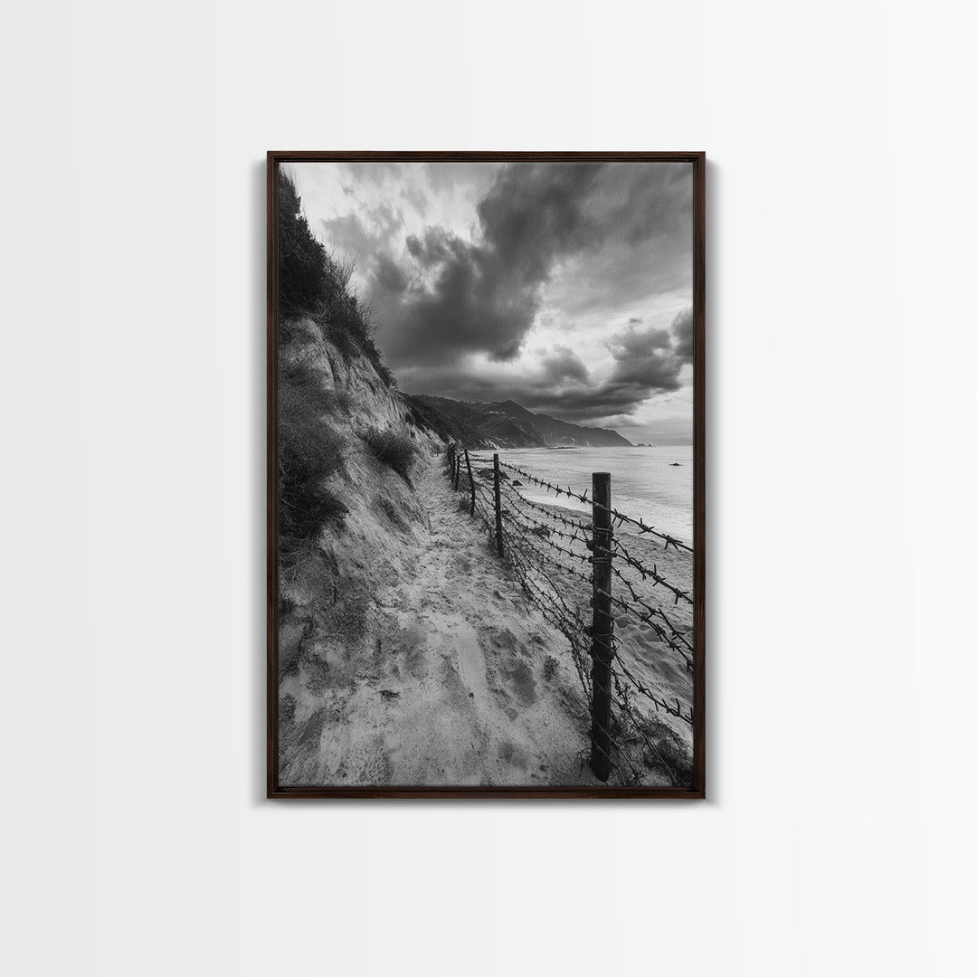 Coastal Path, stormy beach, dramatic sky, coastal wall art, black and white, framed canvas print, moody landscape, nautical decor