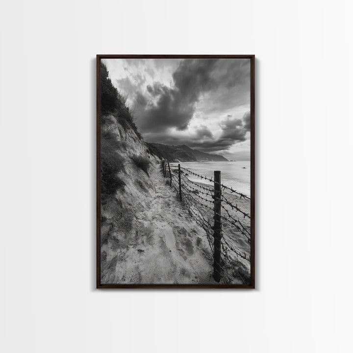 Coastal Path, stormy beach, dramatic sky, coastal wall art, black and white, framed canvas print, moody landscape, nautical decor